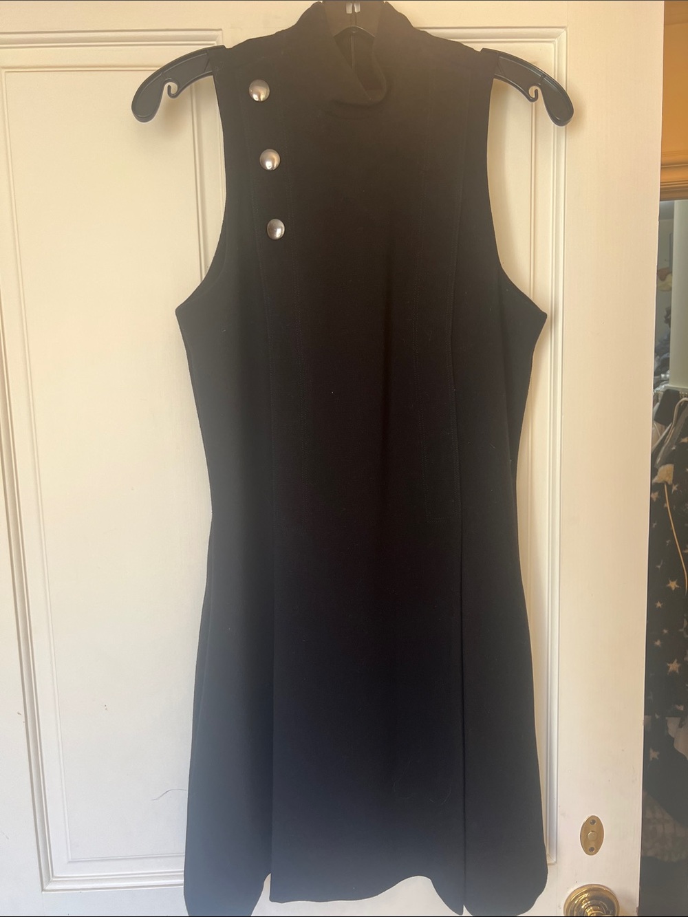 Parker Sleeveless Black Mock-Neck Mini Dress with Silver Buttons